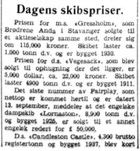 1939.09.27 - Aftenposten M S08 - Dagens skibspriser - prisen på Vegesack